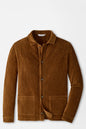 A brown corduroy jacket with a button-up front, collar, and two front patch pockets, displayed on a clean white background.