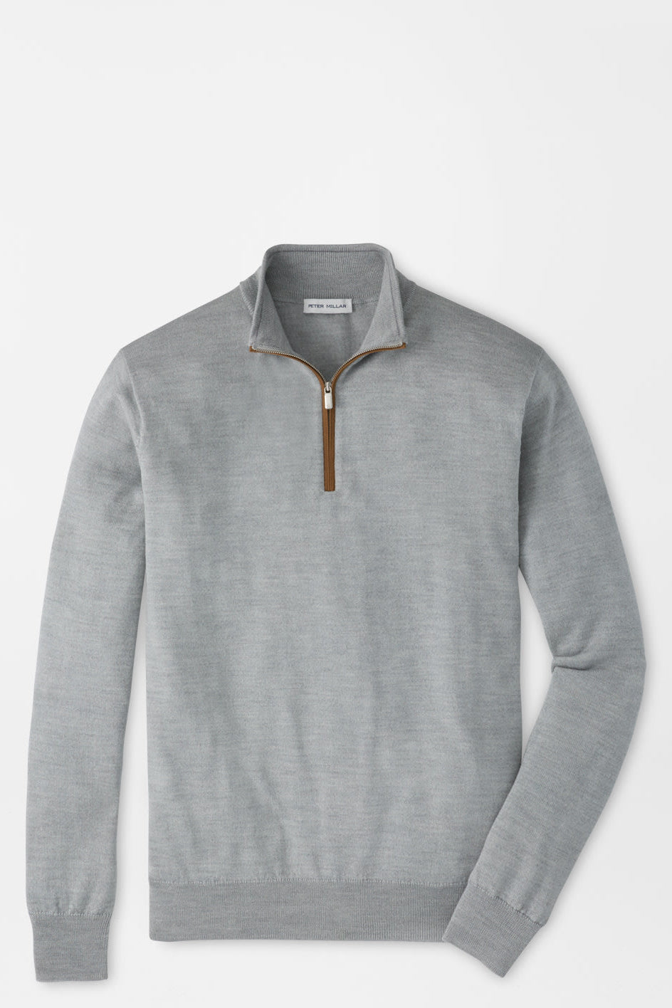 A light gray quarter-zip knit sweater with a brown zipper pull, displayed flat against a light gray background.