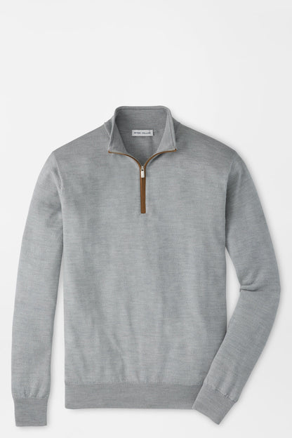 A light gray quarter-zip knit sweater with a brown zipper pull, displayed flat against a light gray background.