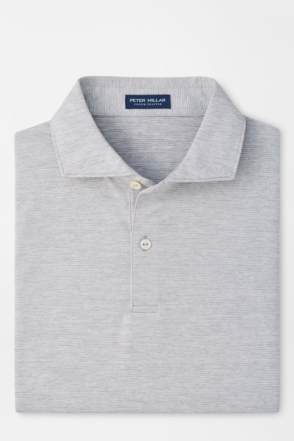 A folded light gray heathered polo shirt by Peter Millar, featuring a classic collar, two-button placket, and a clean white background.