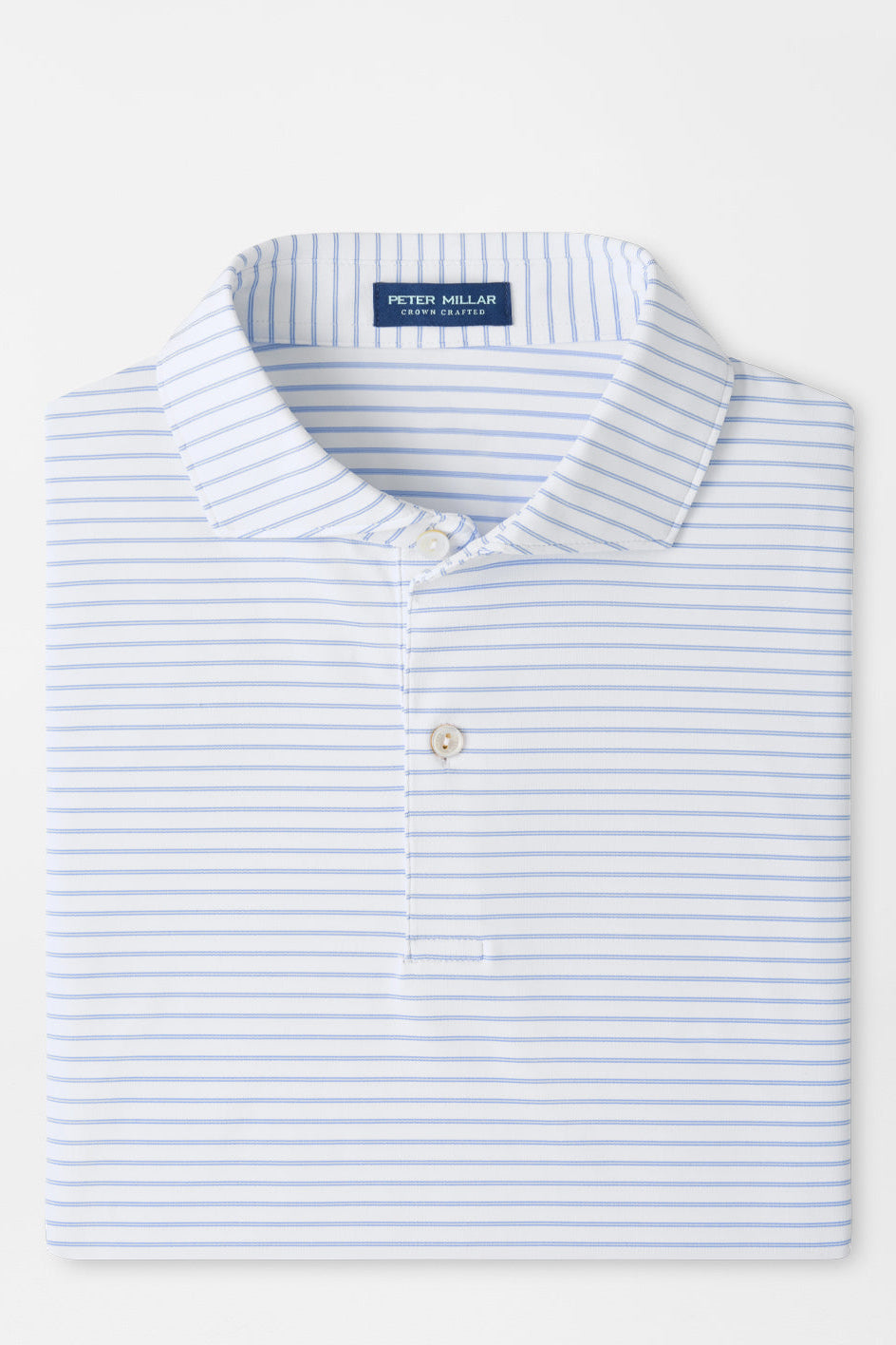 A folded Peter Miller Polo Shirt with a light blue and white stripe pattern, displayed on a clean white background.