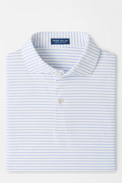 A folded Peter Miller Polo Shirt with a light blue and white stripe pattern, displayed on a clean white background.