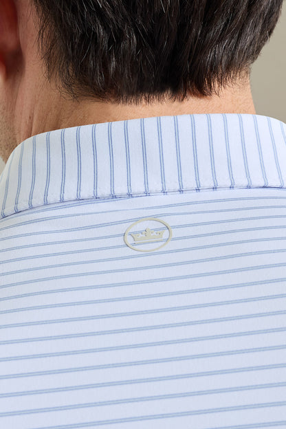 Close-up back view of a man wearing a light blue and white striped dress shirt, showing the collar and a small circular gold-toned logo on the upper back.