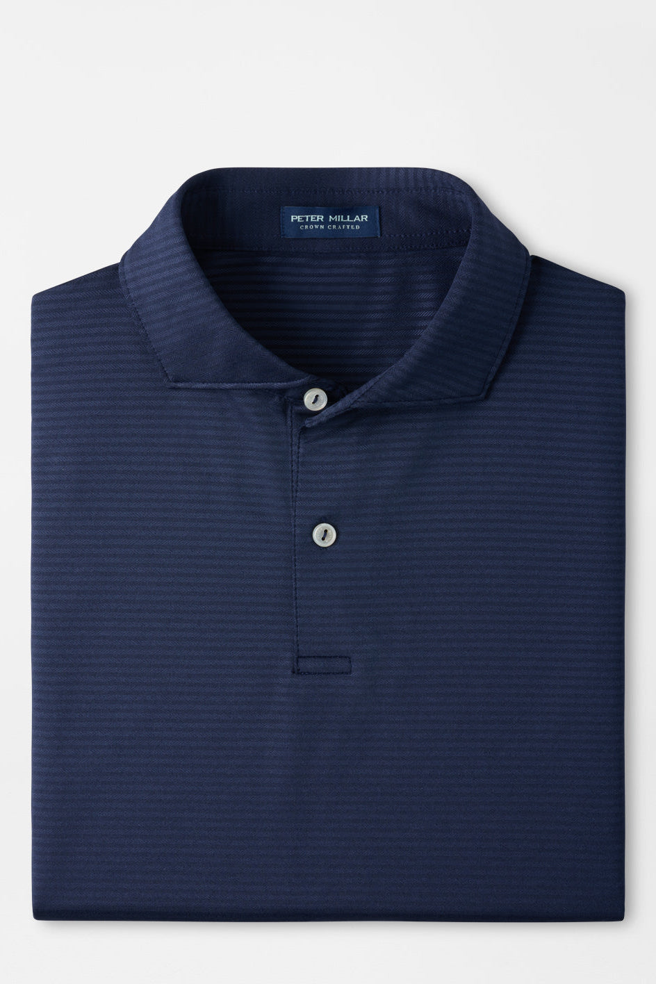 A folded navy blue polo shirt with subtle horizontal stripes, featuring a classic collar and a two-button placket, displayed on a clean white background.