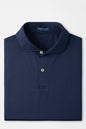 A folded navy blue polo shirt with subtle horizontal stripes, featuring a classic collar and a two-button placket, displayed on a clean white background.