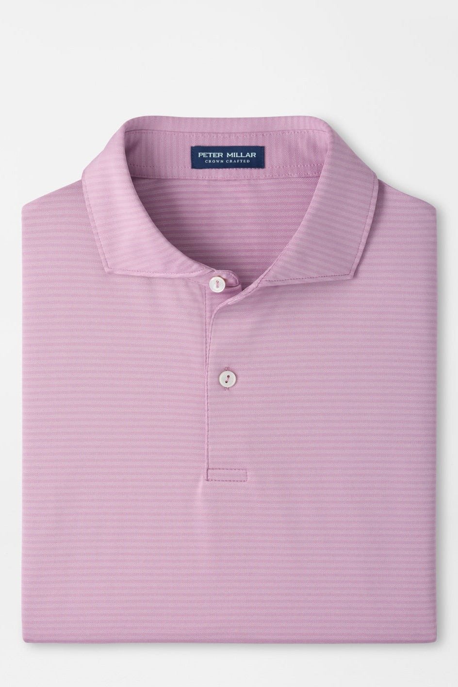 A folded light pink polo shirt with subtle horizontal stripes, featuring a classic collar and a two-button placket, displayed on a clean white background.