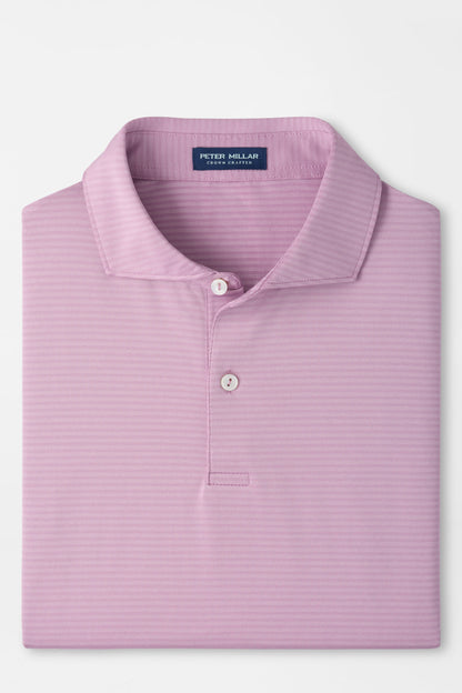 A folded light pink polo shirt with subtle horizontal stripes, featuring a classic collar and a two-button placket, displayed on a clean white background.