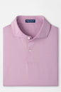 A folded light pink polo shirt with subtle horizontal stripes, featuring a classic collar and a two-button placket, displayed on a clean white background.