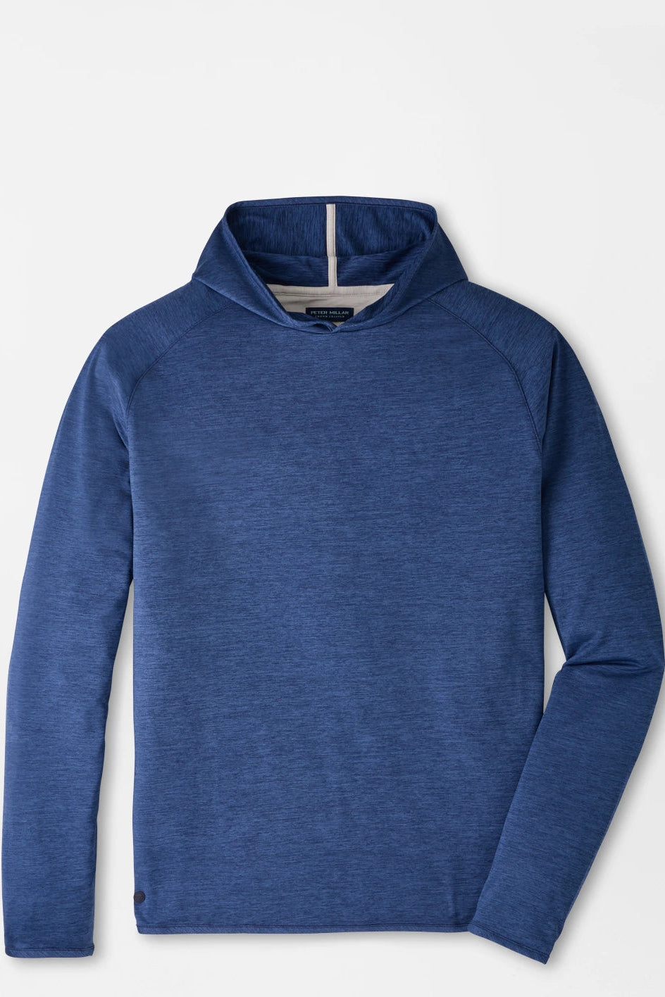 A blue heathered long-sleeve quarter-zip pullover hoodie with raglan sleeves, shown flat against a light gray background.