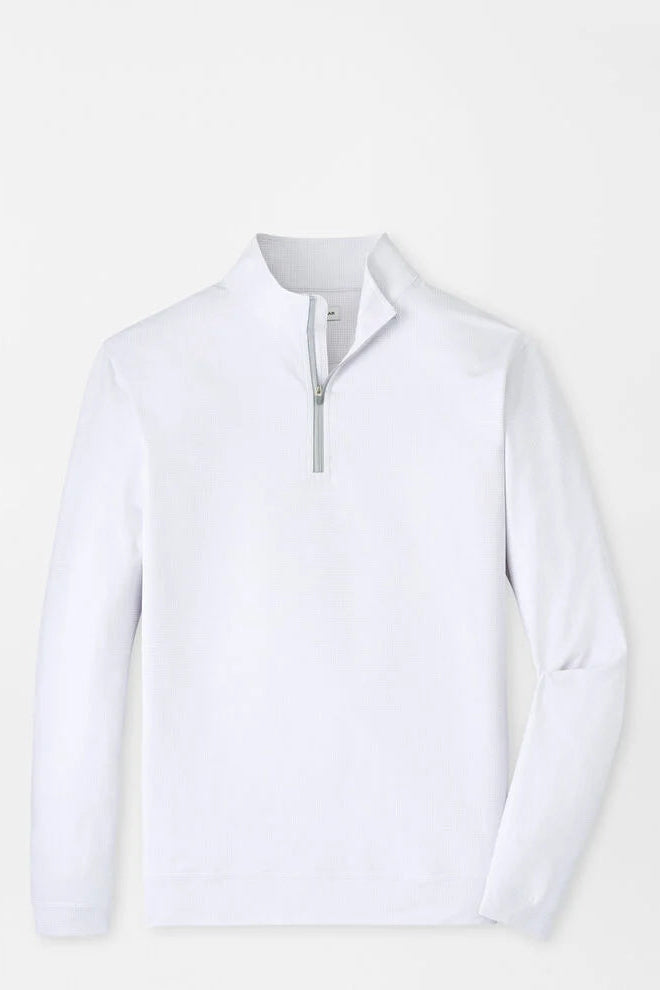 White quarter-zip pullover on a light gray background