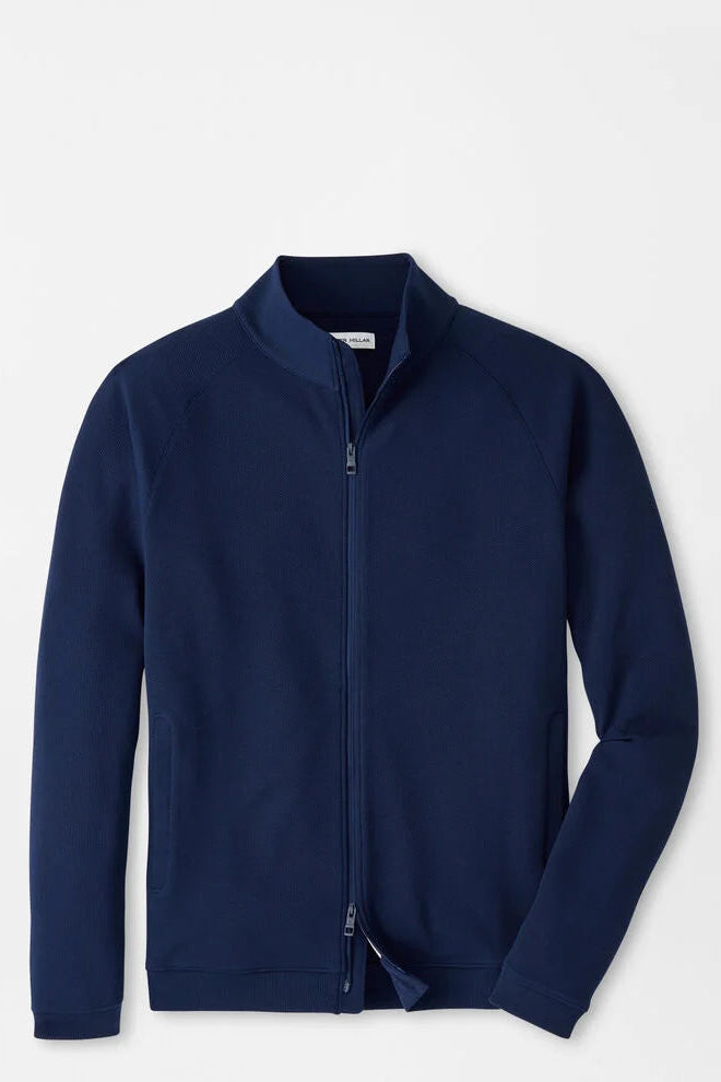 Navy blue zip-up sweatshirt on a light gray background