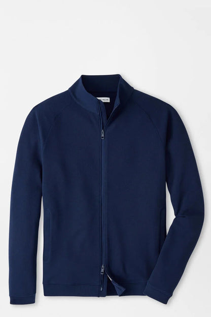 Navy blue zip-up sweatshirt on a light gray background