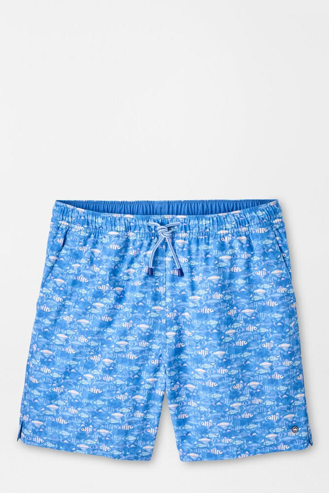 Blue shorts with a pattern on a light gray background