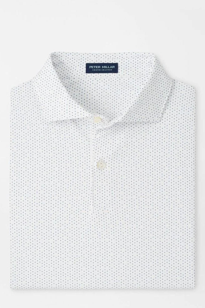 White polo shirt with subtle pattern on a light gray background