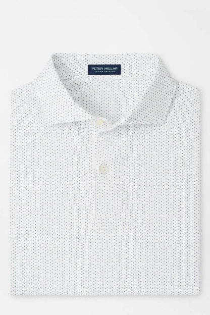 White polo shirt with subtle pattern on a light gray background