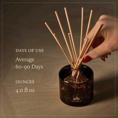 Hand holding a diffuser with reeds, showing product details on a brown background