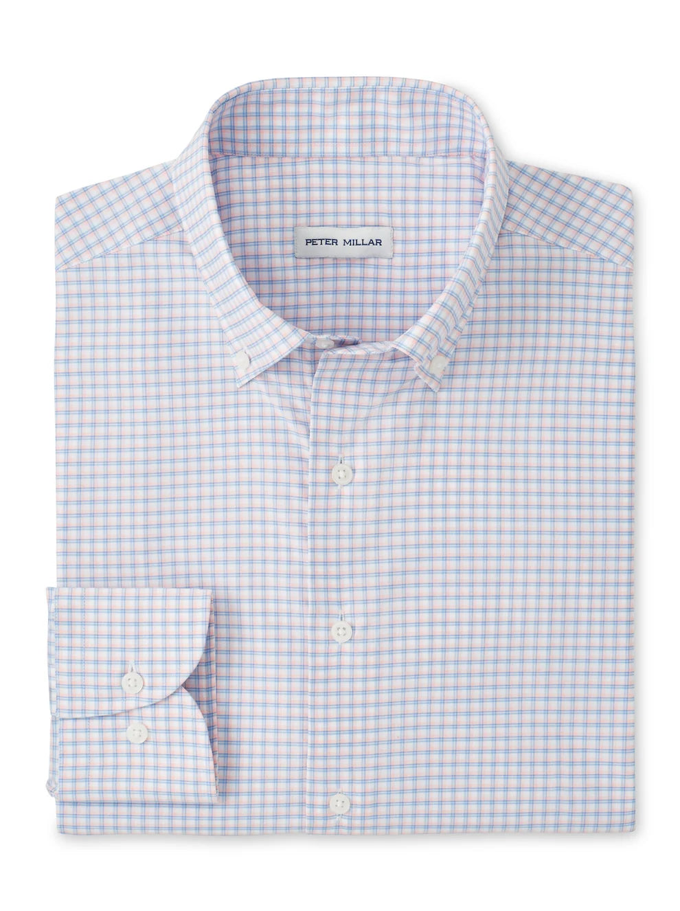 Blue and white checkered dress shirt with 'Peter Millar' branding on a white background