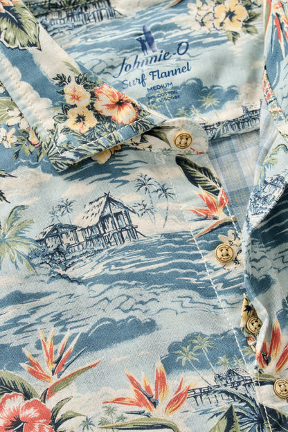 Close-up of a Johnnie-O surf flannel shirt with tropical pattern