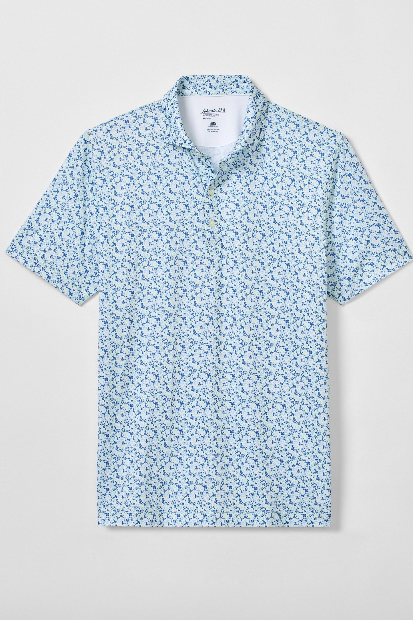 Short-sleeve shirt with a light blue floral pattern on a white background