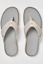 Pair of gray and beige sandals on a light gray background