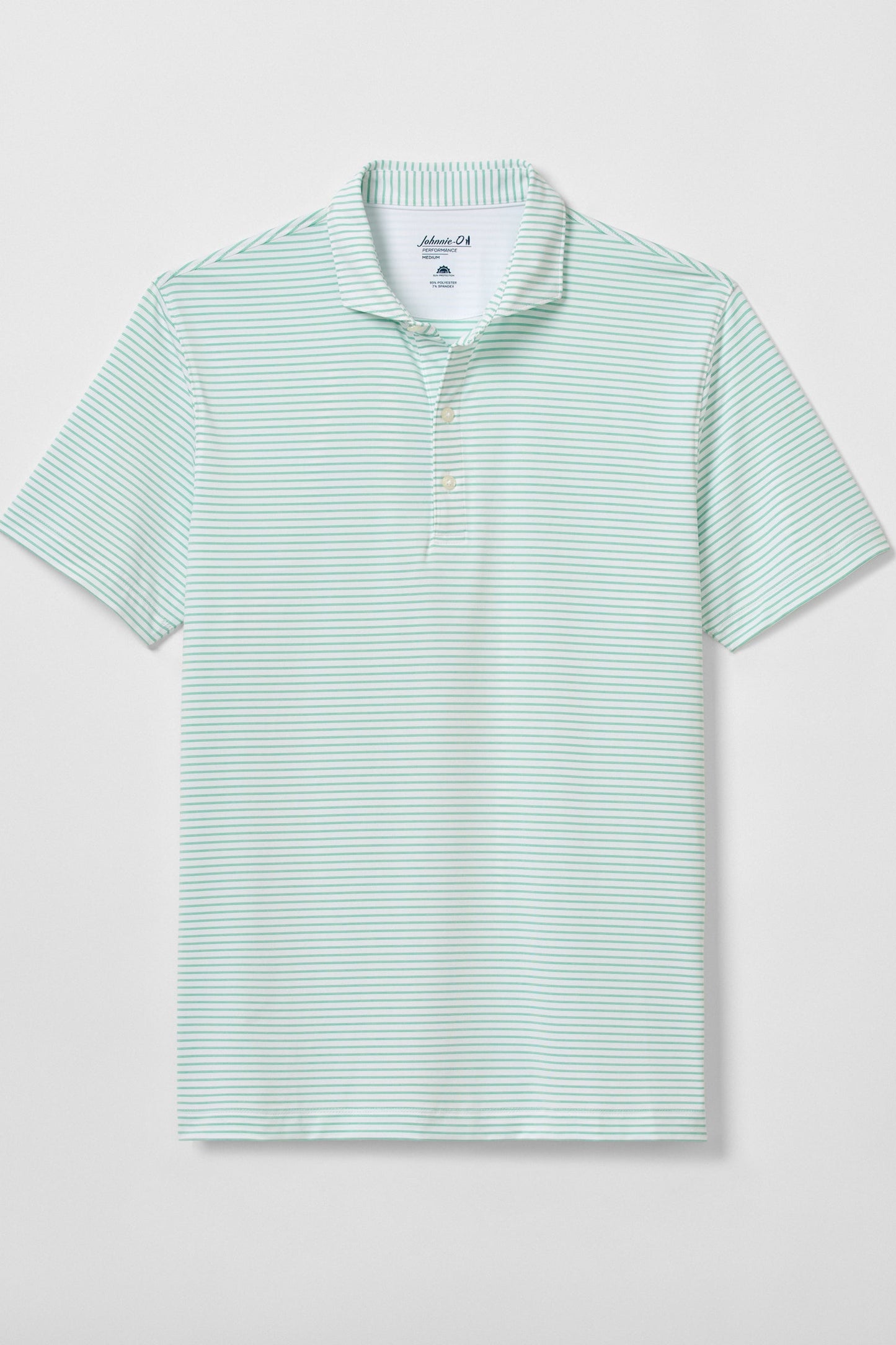 Light green striped polo shirt on a white background