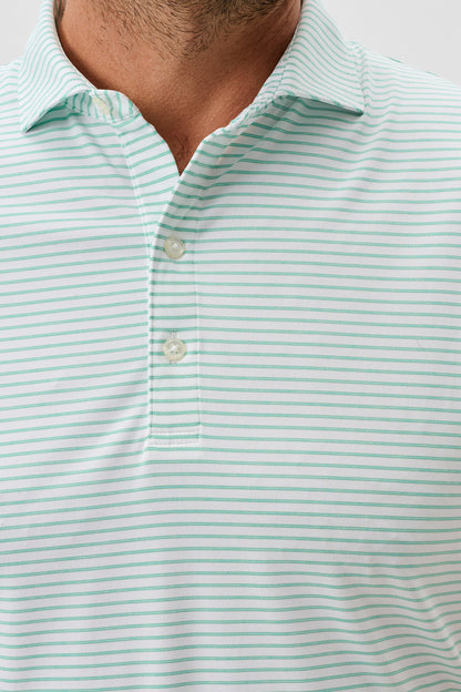 Close-up of a person wearing a light green and white striped polo shirt.