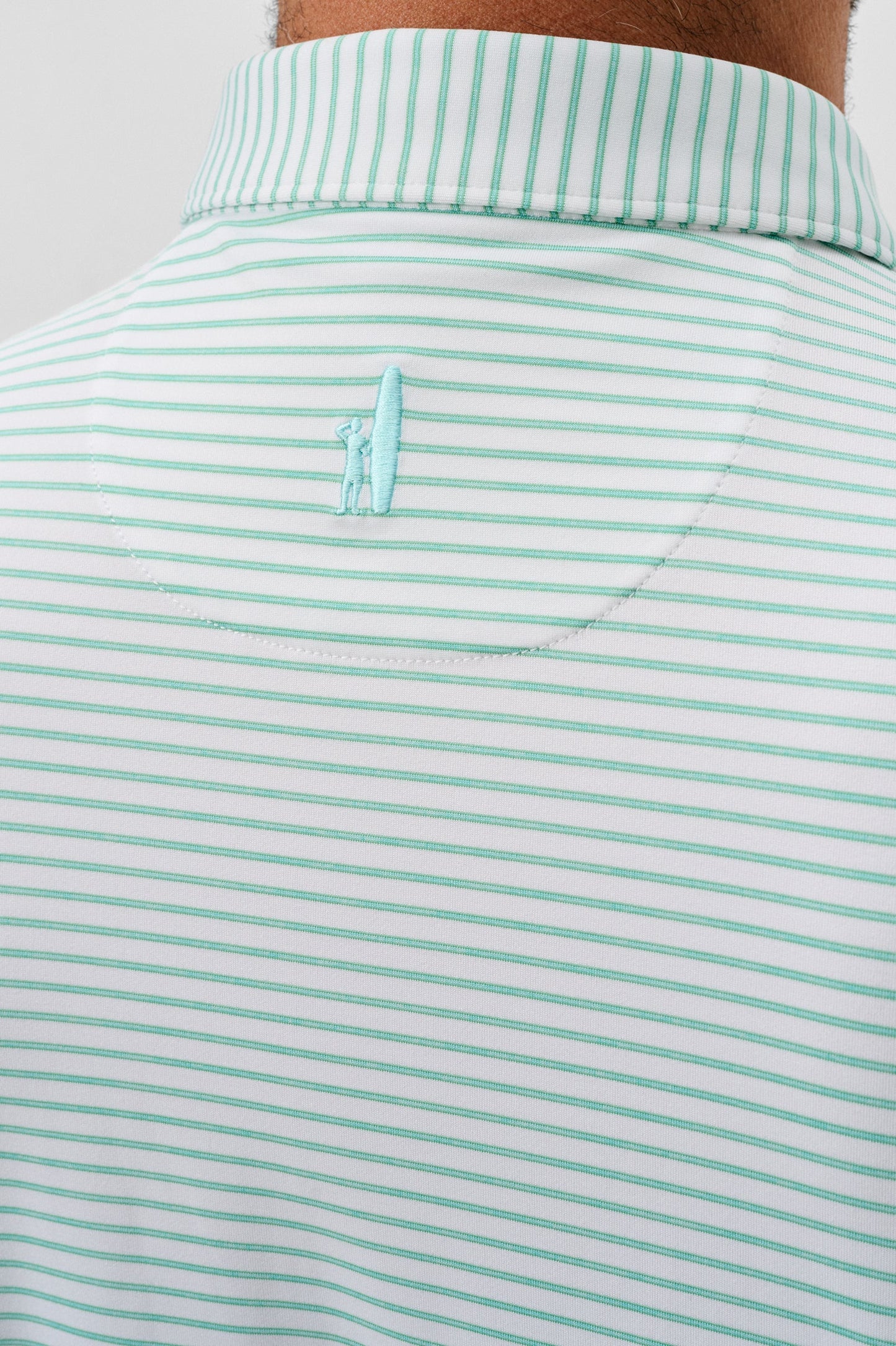 Close-up of a person wearing a light blue and white striped polo shirt with a brand logo on the chest.