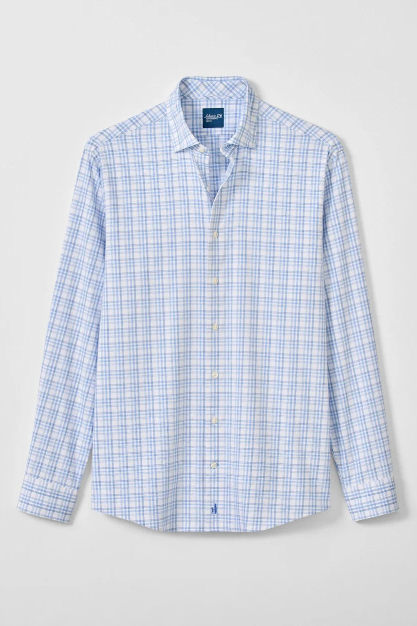 A long-sleeve button-up shirt in a light blue and white windowpane plaid pattern, displayed flat against a light gray background.
