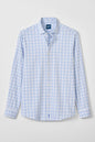 A long-sleeve button-up shirt in a light blue and white windowpane plaid pattern, displayed flat against a light gray background.