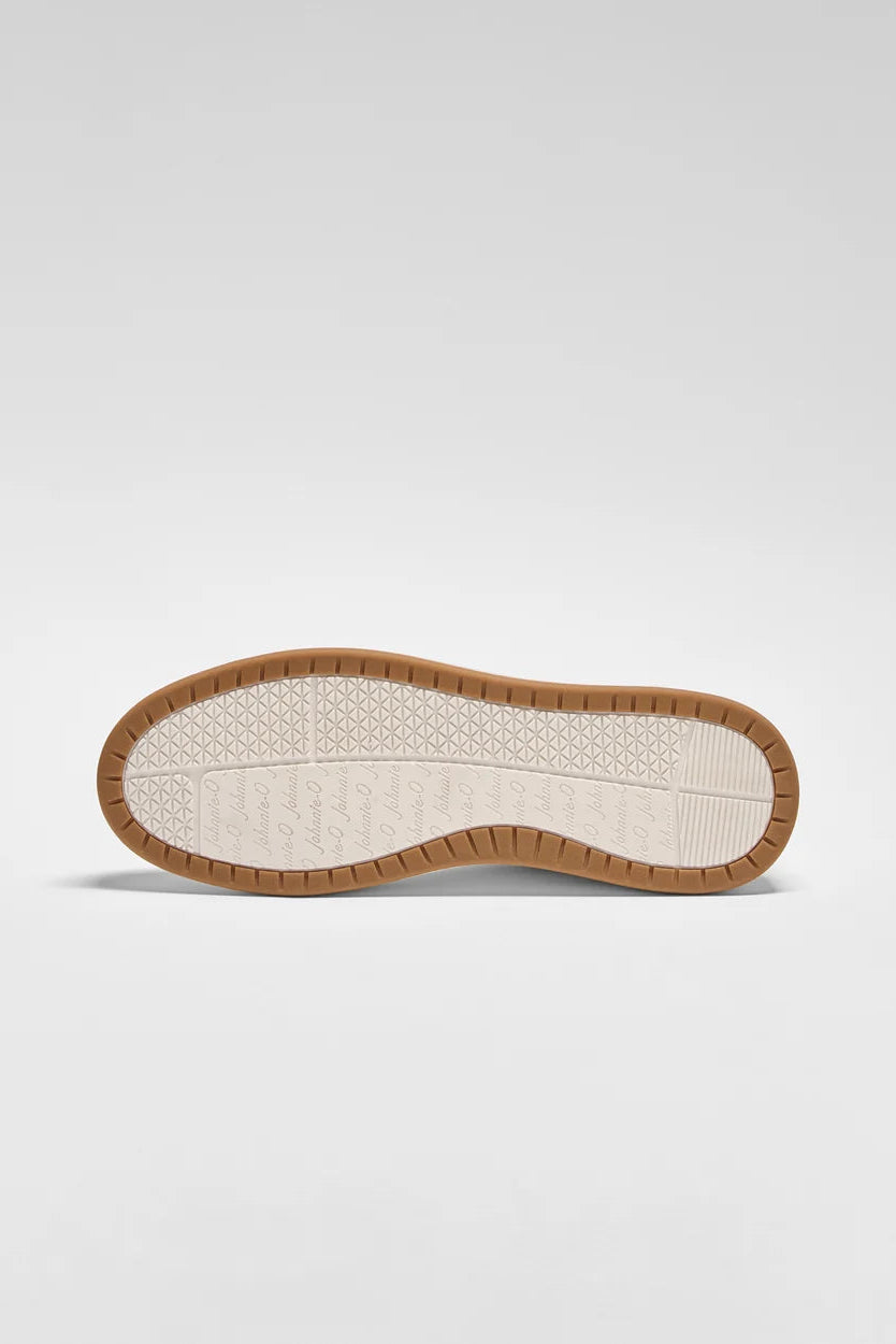 Sole of a shoe with brown border and white interior on a light gray background