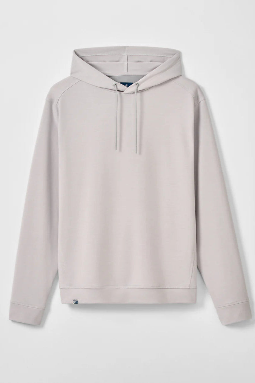 A light beige pullover hoodie with drawstrings, shown flat against a light gray background.