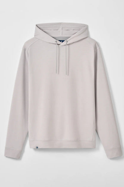 A light beige pullover hoodie with drawstrings, shown flat against a light gray background.