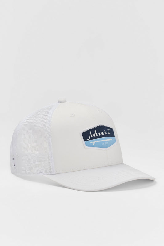 White cap with a blue logo on a light gray background