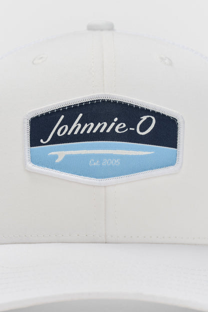 White cap with a 'Johnnie-O' logo on a white background