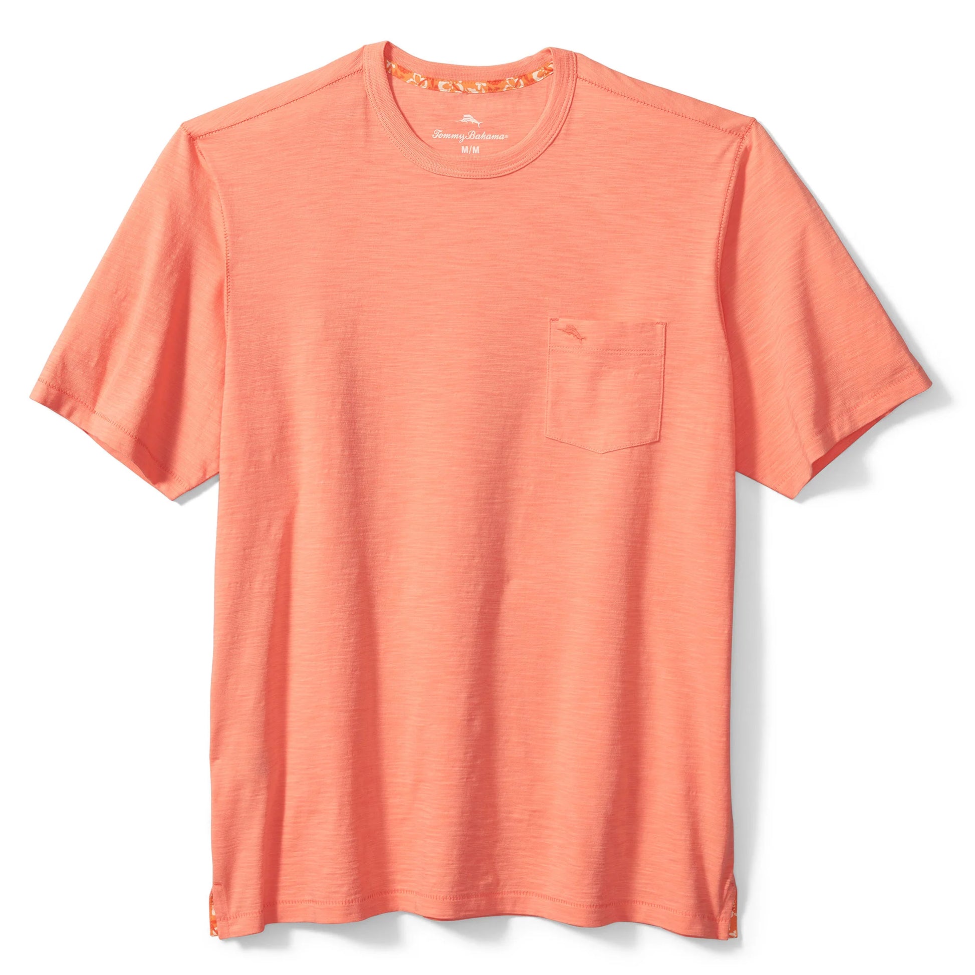Coral t-shirt with a pocket on a white background