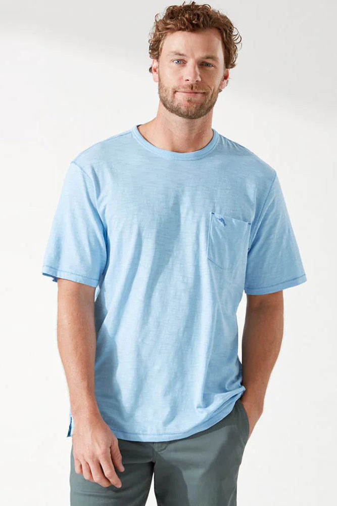 man wearing light blue t-shirt against white background