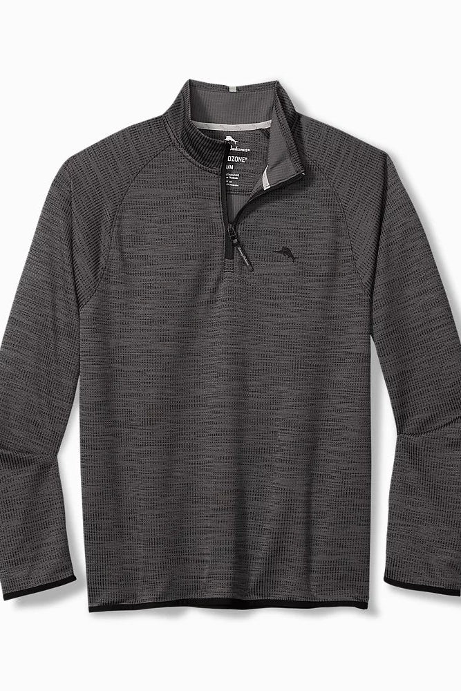 A dark gray waffle-knit quarter-zip pullover sweater with a small black embroidered logo on the left chest, displayed on a clean white background.