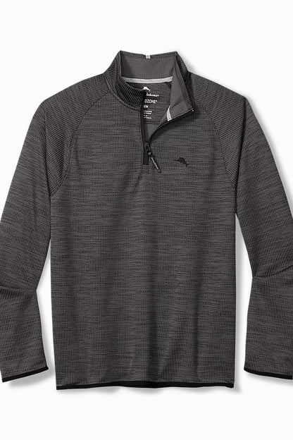 A dark gray waffle-knit quarter-zip pullover sweater with a small black embroidered logo on the left chest, displayed on a clean white background.