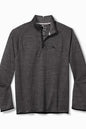 A dark gray waffle-knit quarter-zip pullover sweater with a small black embroidered logo on the left chest, displayed on a clean white background.
