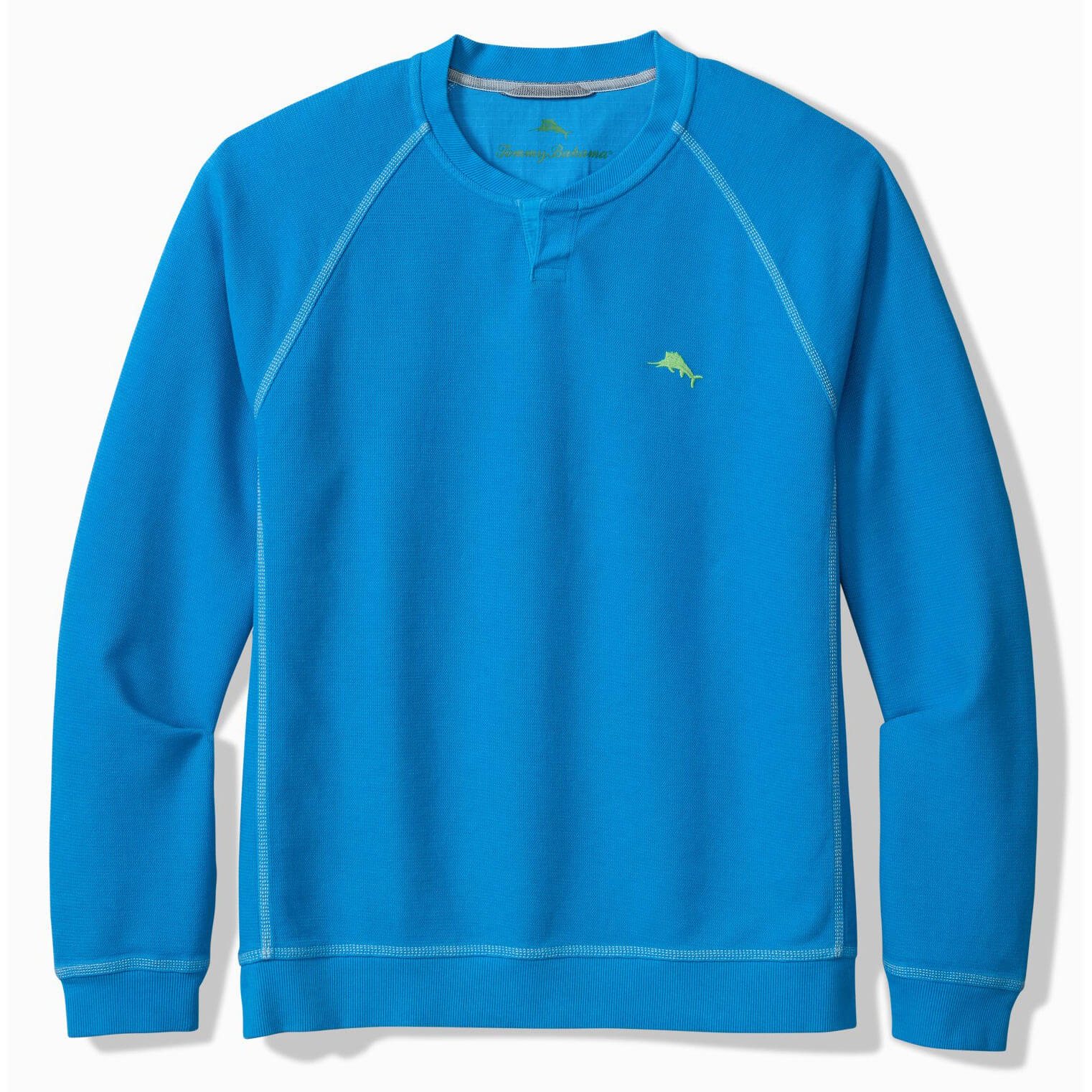 Blue long-sleeve shirt with a logo on a white background