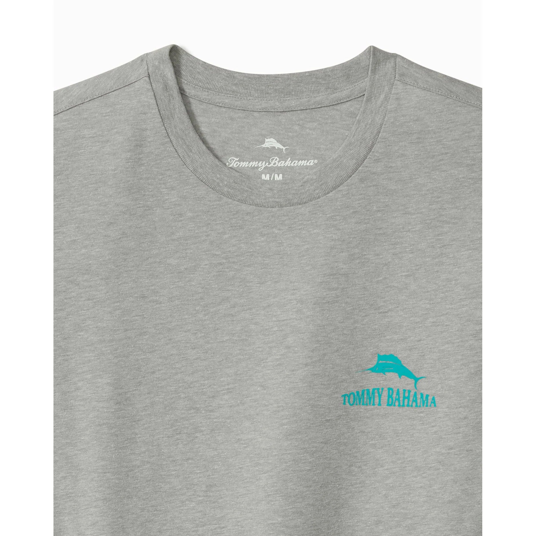 Gray t-shirt with Tommy Bahama logo on a white background