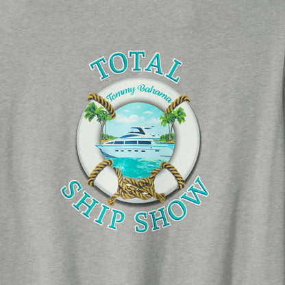 Gray t-shirt with 'Total Ship Show' graphic featuring a life buoy and boat illustration.
