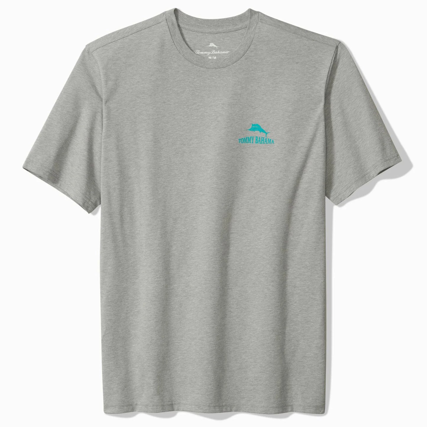 Gray t-shirt with a blue logo on a white background
