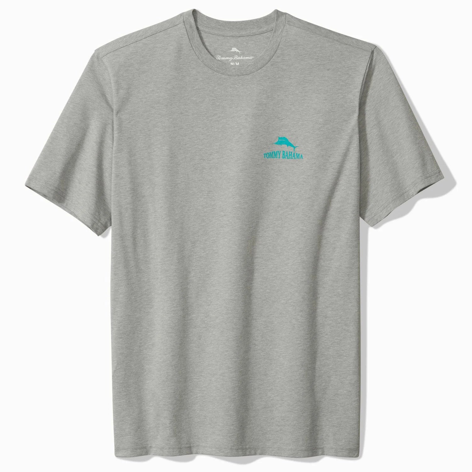 Gray t-shirt with a blue logo on a white background
