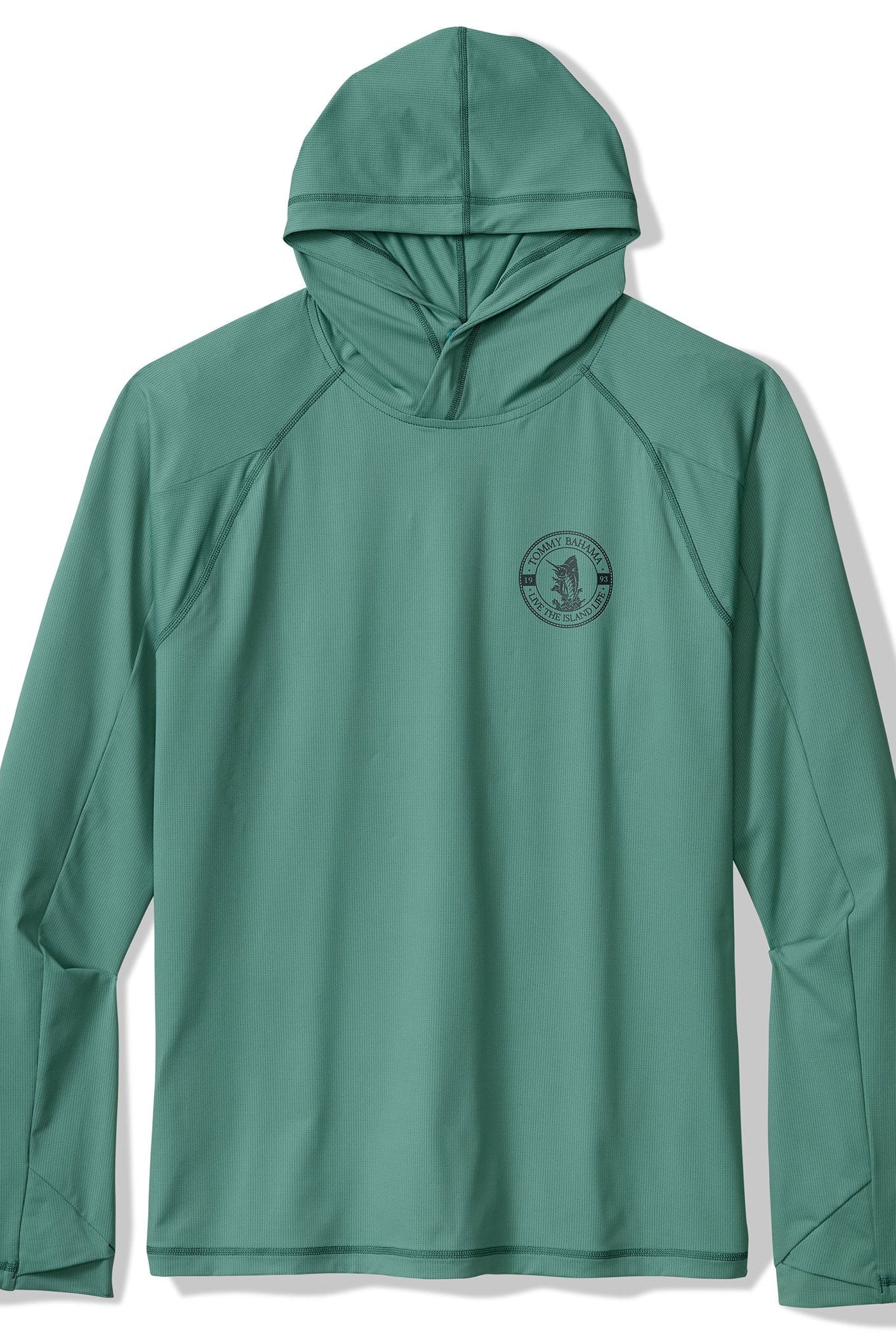 Green hooded shirt with a logo on a white background