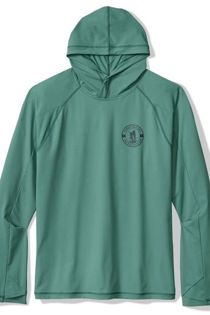 Green hooded shirt with a logo on a white background