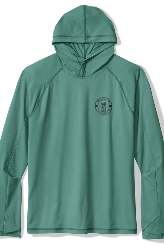 Green hooded shirt with a logo on a white background
