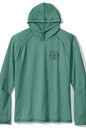 Green hooded shirt with a logo on a white background