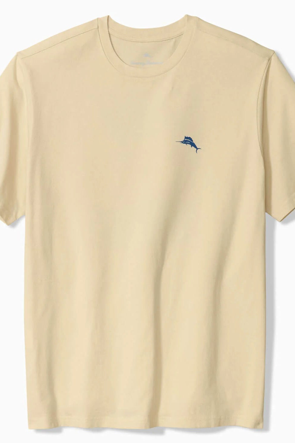 A light beige crewneck t-shirt with a small blue marlin logo embroidered on the left chest, displayed against a clean white background.