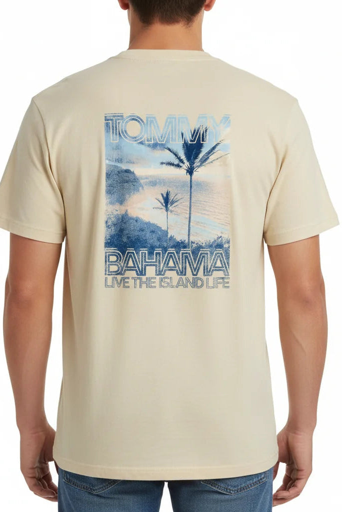 Beige t-shirt with 'Tropical Bahama' graphic on a white background